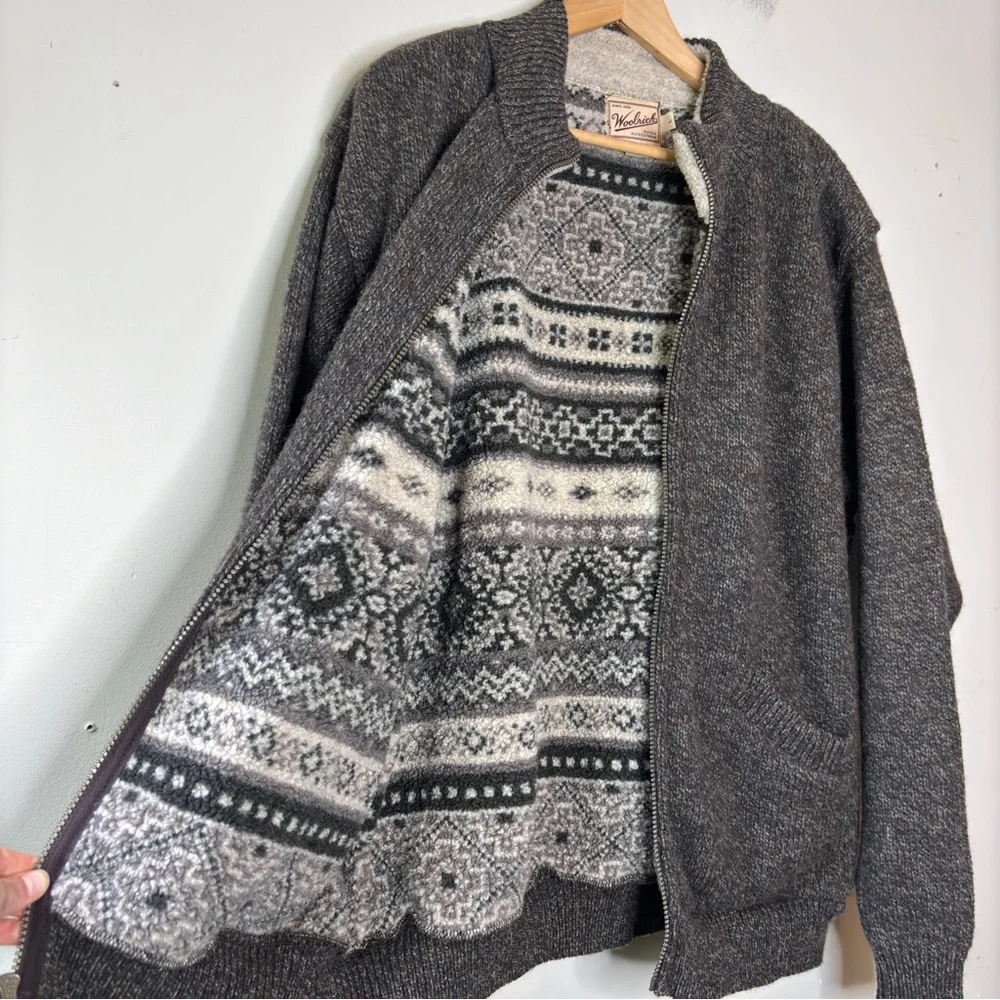 Woolrich Vintage USA Speckled Wool Blend Fleece Lined‎ Zip Up Cardigan Sweater L